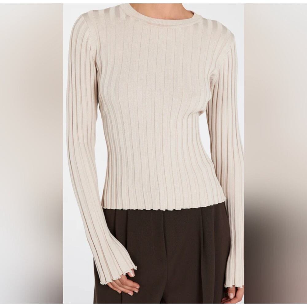 DISSH Ada Knit Ribbed Sweater Top Stone Beige Sz M Ruffle Hem GREAT!